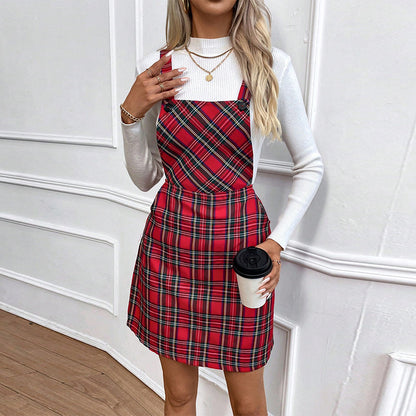Fashionable Suspender Plaid Dress