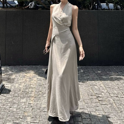 French-style High-end V-neck Halter Dress With A Tie-up Waist-cinching Design