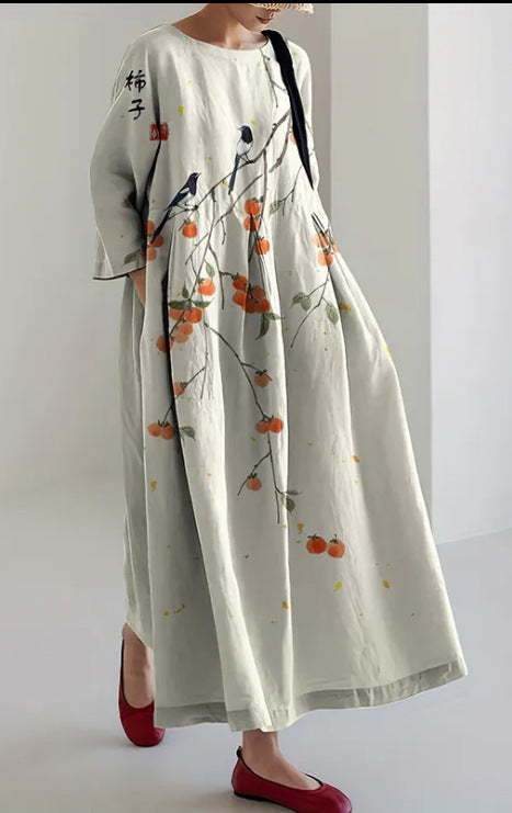 Retro Floral Pocketed Loose Womens Printed Maxi Dress