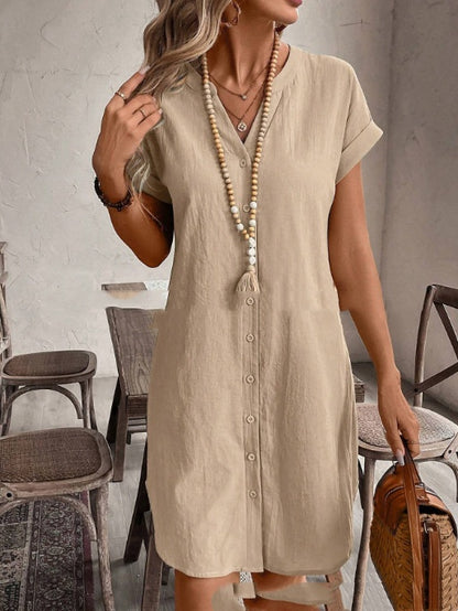 Color Cotton-linen V-neck Button-up Loose Casual Dress