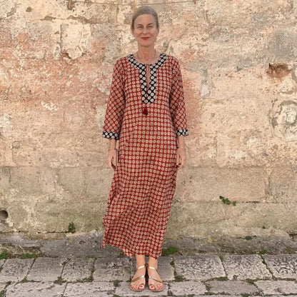 Womens Printed Crew-Neck Long-Sleeve Patchwork Casual Fashion Dress