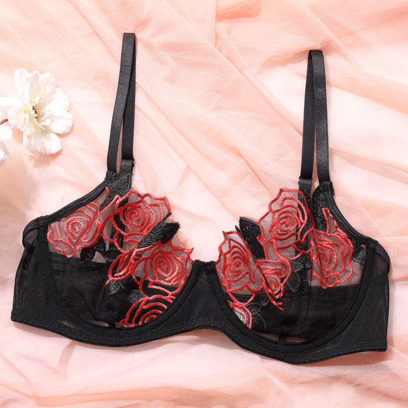 Underwear Rose Embroidery Mesh See-through Garter Three-piece Set
