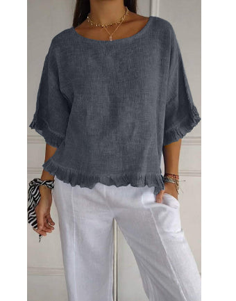 Pure Color Ruffles T-shirt Female Casual Short-sleeved Top