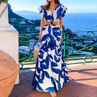 V-neck Ruffle Sleeve Waist Hollow Out Long Dress