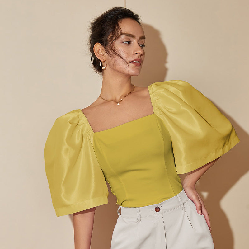Women's Retro Lantern Sleeve Square Collar Elegant Top