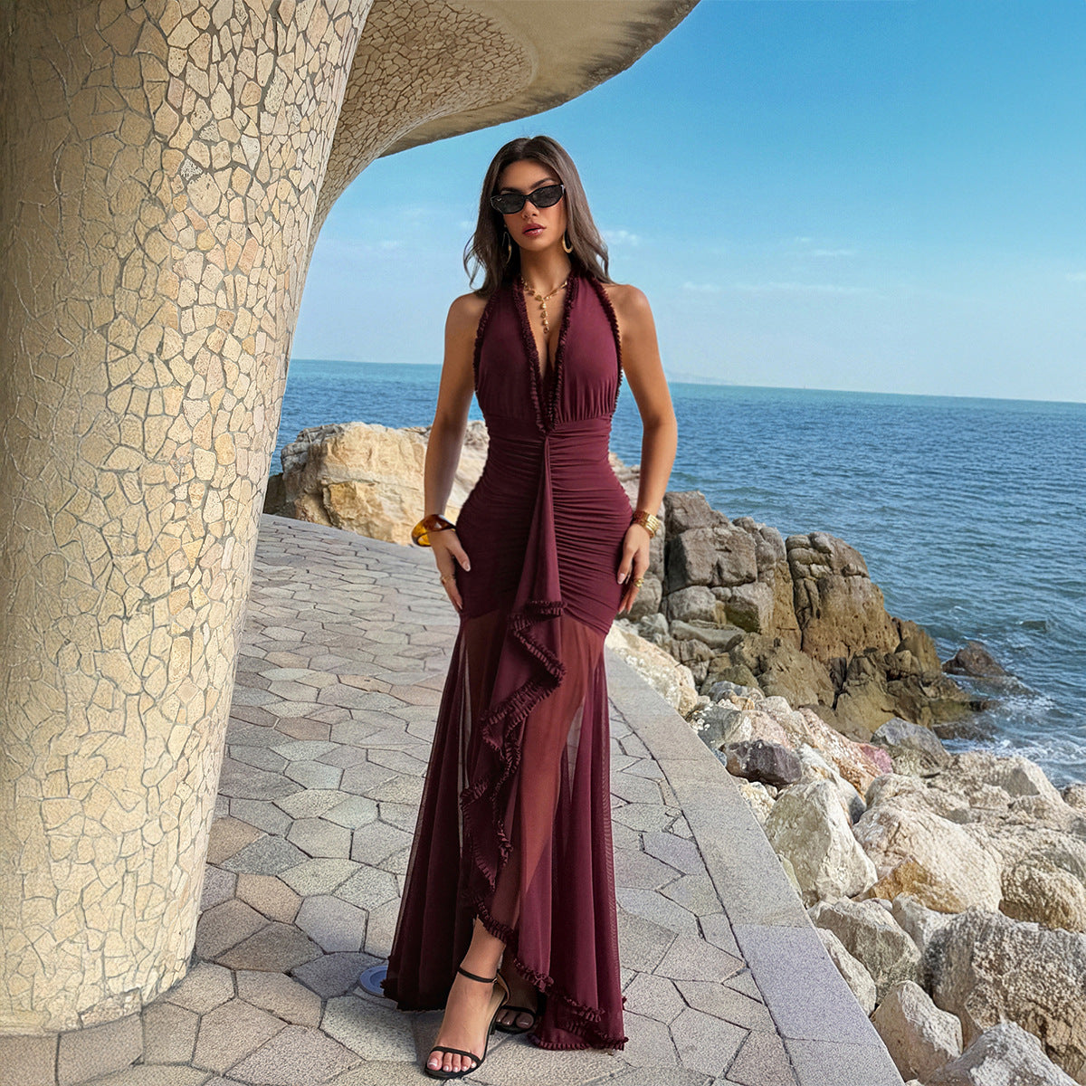 Womens Solid-Color Casual Hip-Hugging Low-Cut Dress