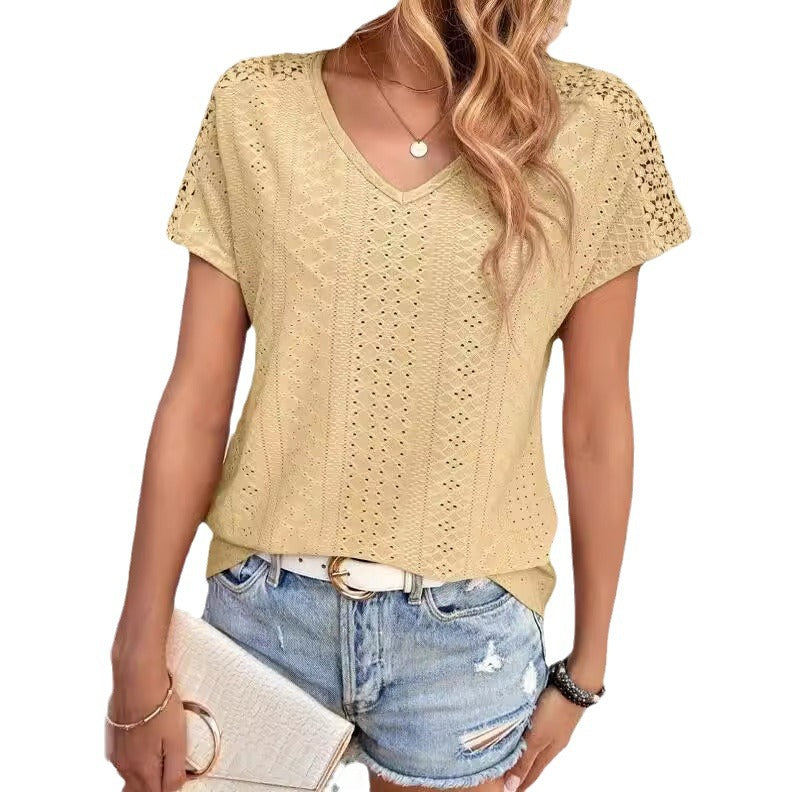 Women's Solid Color And V-neck Top Hollow Mesh Short Sleeve