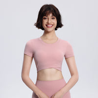 Women's Yoga Short Double-layer Hem With Chest Pad Sports Running Tight Round Neck Top