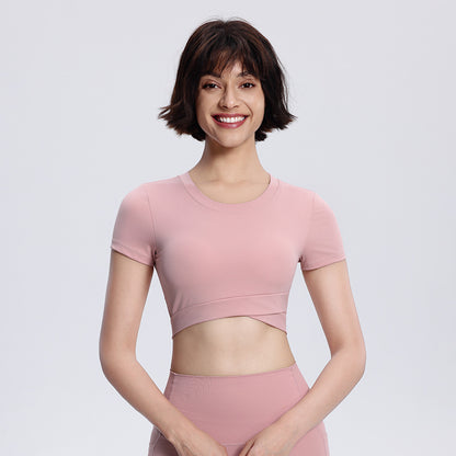 Women's Yoga Short Double-layer Hem With Chest Pad Sports Running Tight Round Neck Top