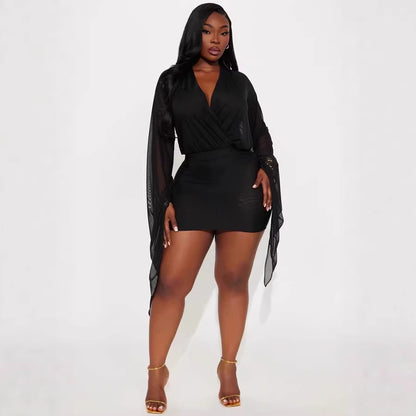 Mesh Sheer Deep-V Low-cut Mini Bodysuit