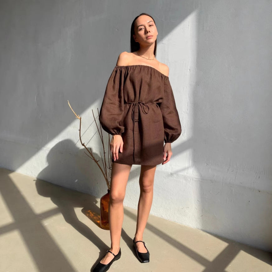 Brown Puff-sleeve Off-the-shoulder Pure Cotton Long-sleeve Dress