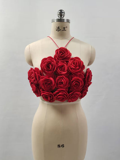 Fashion Three-dimensional Rose Woven Halterneck With Suspenders Hot Girl Top Pure Desire