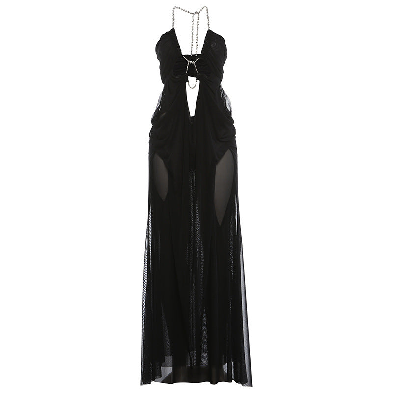 Mesh See-through Low-cut Halter Dress