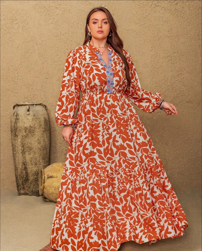 Printed V-neck Long-sleeve Womens Dress