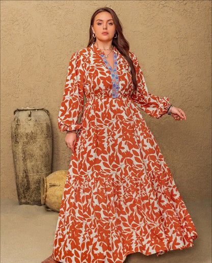 Printed V-neck Long-sleeve Womens Dress