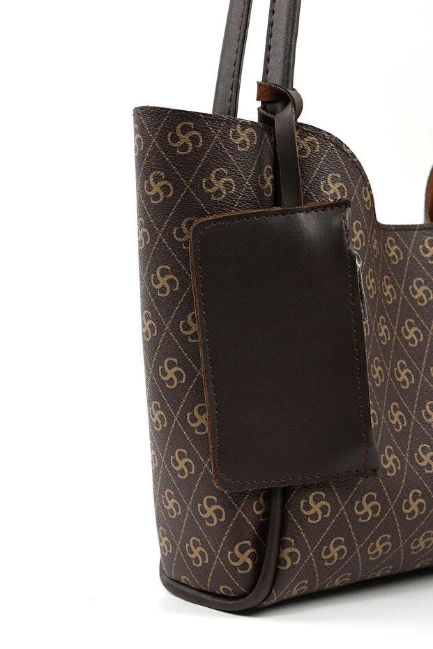 Monogram Brown Faux Leather Hand And Shoulder Bag