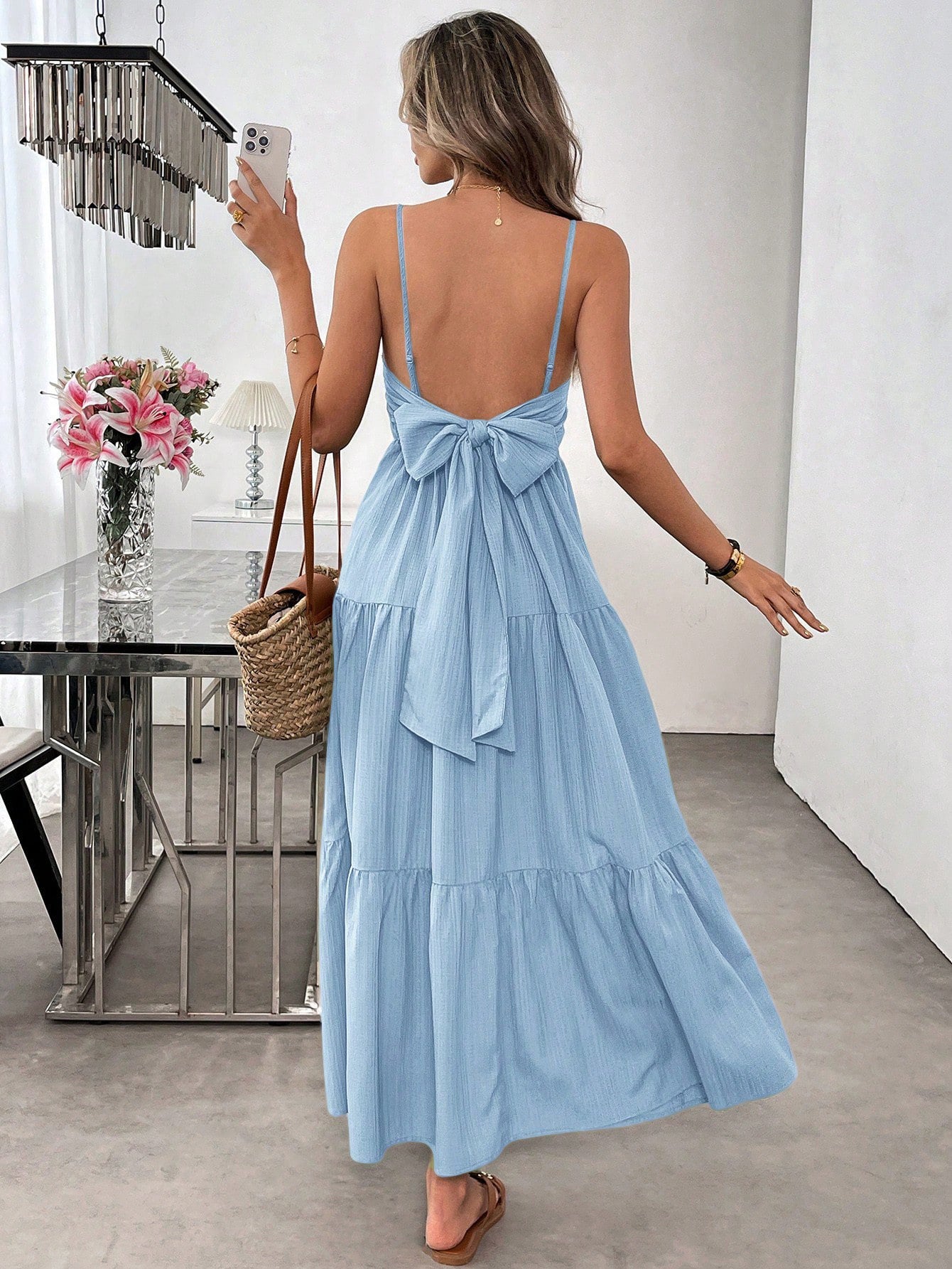 Backless Spaghetti-strap Tiered Maxi Dress With A Tie And A Large Bow At The Waist