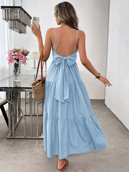 Backless Spaghetti-strap Tiered Maxi Dress With A Tie And A Large Bow At The Waist