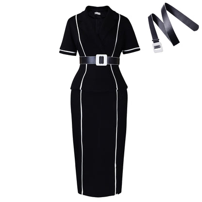 New Stylish High-waisted Ruffled Dress With A Blazer-style Collar And Short Sleeves