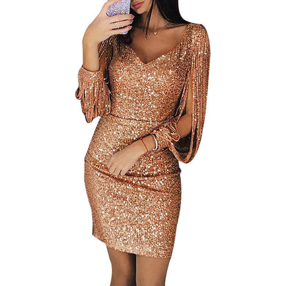 Womens Evening Tassel Sheath Dress