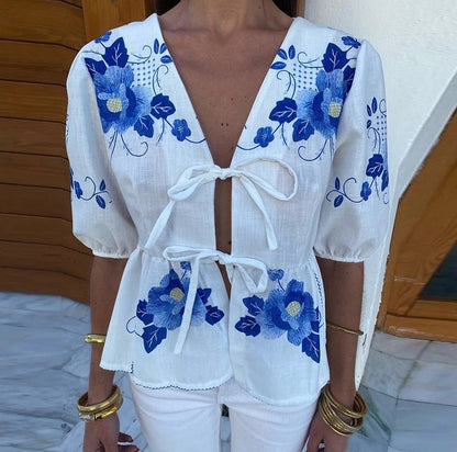 Women's Clothing V-neck Lace-up Printed Short-sleeved Top