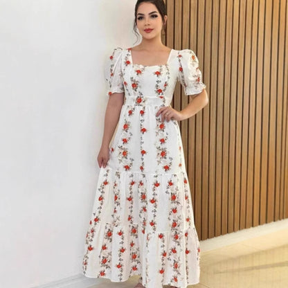Long Luxurious Short Sleeve Printed Dress