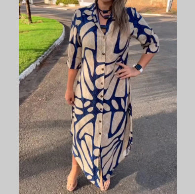Womens Stylish And Elegant Striped Long-Sleeve Cardigan Long-Button Front Dress