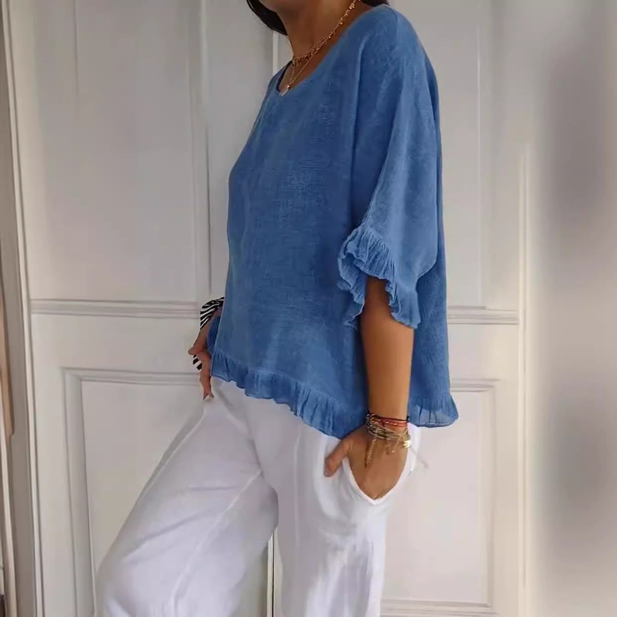 Pure Color Ruffles T-shirt Female Casual Short-sleeved Top