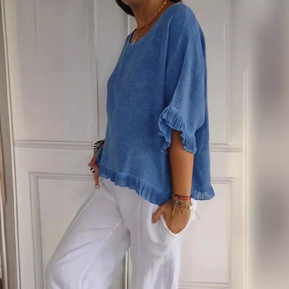 Pure Color Ruffles T-shirt Female Casual Short-sleeved Top