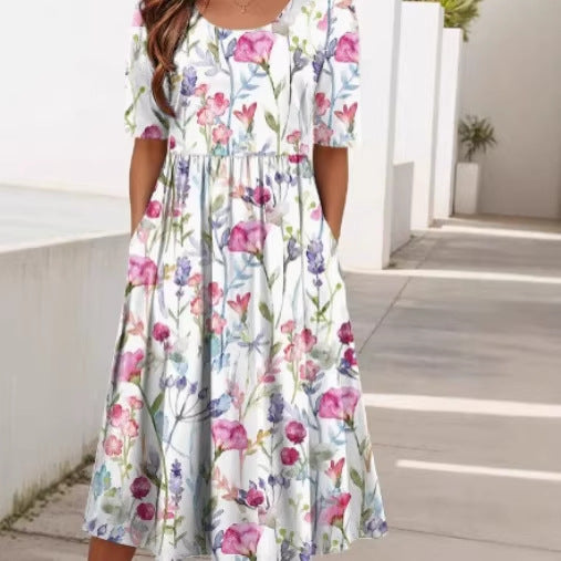 Womens Round-Neck Mid-Waist Printed Swing Dress