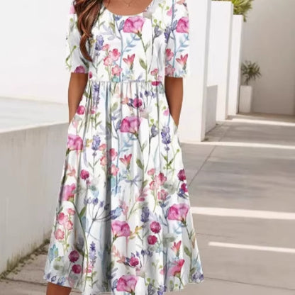 Womens Round-Neck Mid-Waist Printed Swing Dress