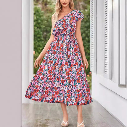 Womens Ruffle-Trimmed Strapped Off-the-Shoulder Printed Dress