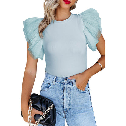 Women's Ruffle Sleeve Pullover Solid Color Short Sleeve Simple Top