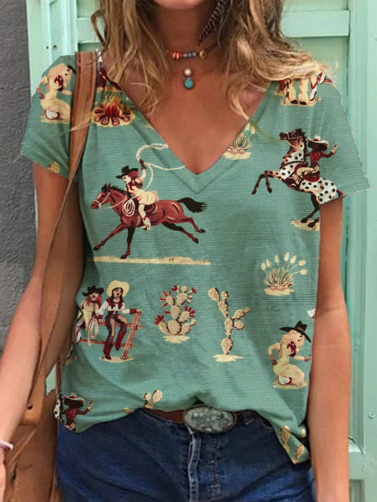 Retro Pattern 3D Printed V-neck Short-sleeved T-shirt Women's Top