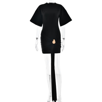 Fitted Half-sleeve Dress With A Tie Ruffles And A Cinched Waist