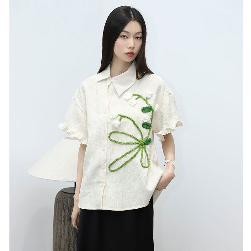Women's Spring Hand-knitted Floral Decorations Short Sleeve Shirt Top