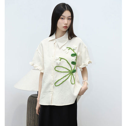 Women's Spring Hand-knitted Floral Decorations Short Sleeve Shirt Top