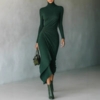 Womens High Neck Defined Waist Asymmetrical Wrap Dress