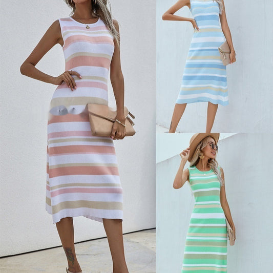 Fashionable Striped Knit Maxi Skirt Workwear Long