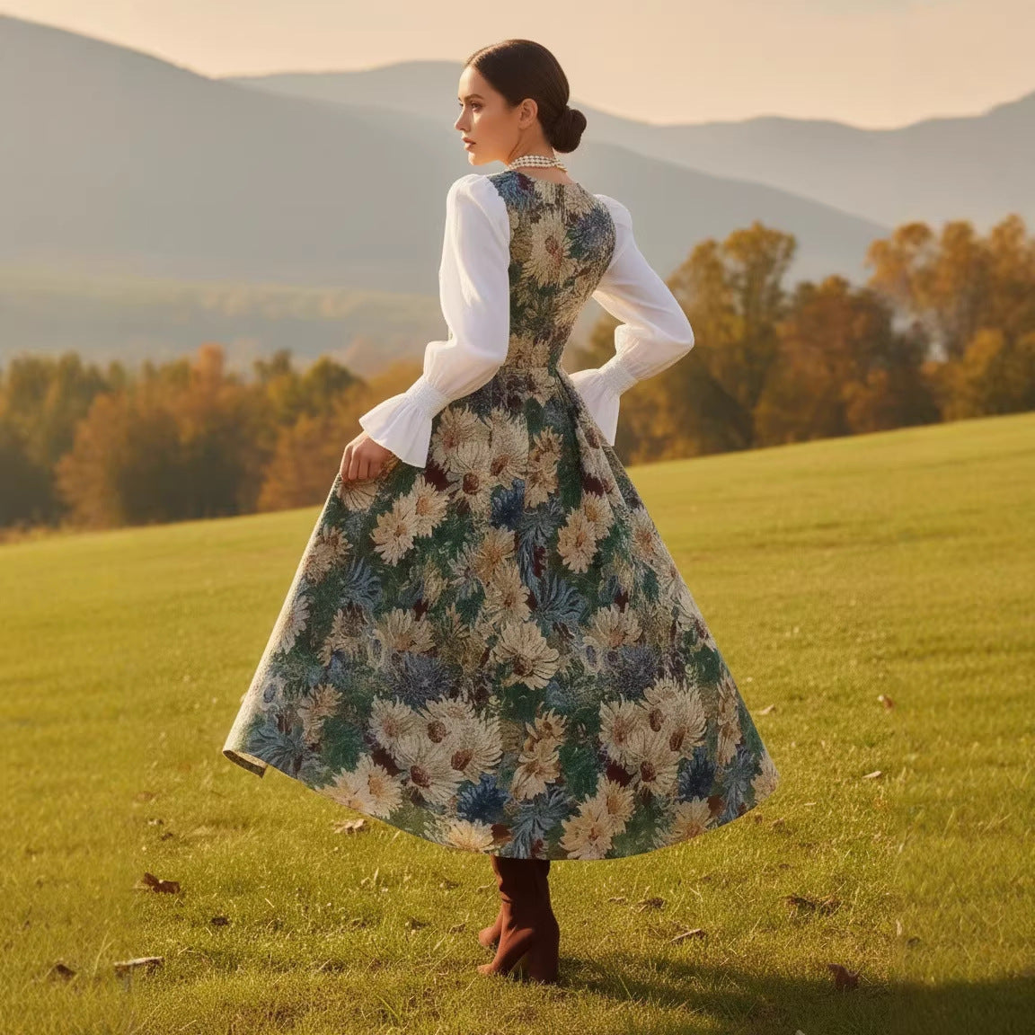 Retro Casual V-Neck Printed Long-Sleeve Womens Dress