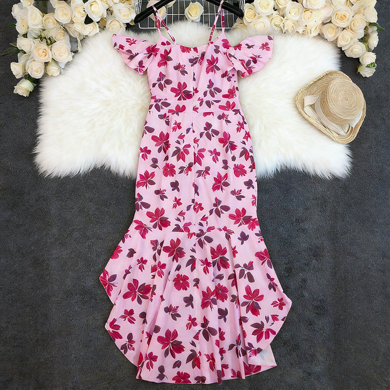 Womens Sexy Sleeveless Strap Dress With Floral Print And Halter Neck