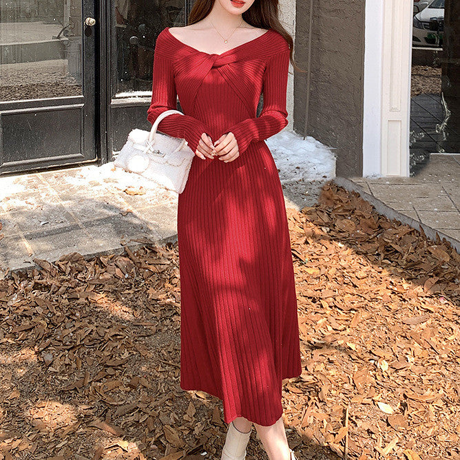 Word Cold-shoulder Elegant High-end Underwear Knitted Dress
