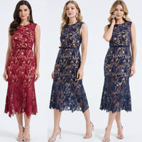 Lace Hollowed Out Sleeveless Waist Cinched Fish Tail Dress