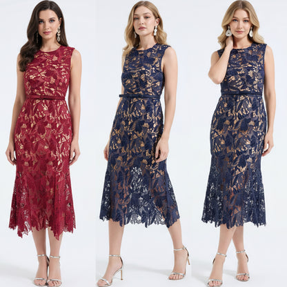 Lace Hollowed Out Sleeveless Waist Cinched Fish Tail Dress