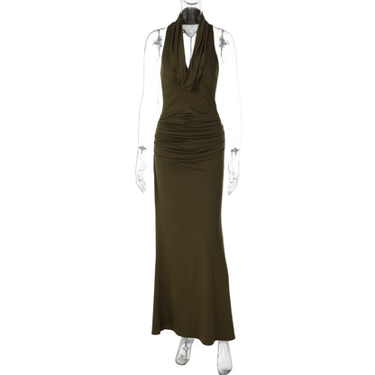 Backless Pleated Figure-flattering Halter Maxi Dress