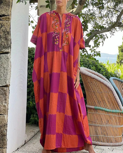 Womens Printed Crew-Neck Long-Sleeve Patchwork Casual Fashion Dress