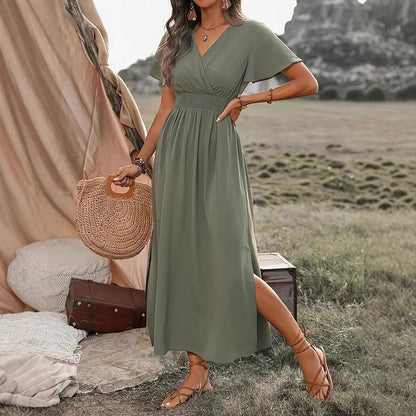 V-neck Long Skirt Casual Resort Short-sleeve Dress