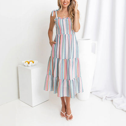 Strappy Rainbow Color-Block Striped Slip Dress