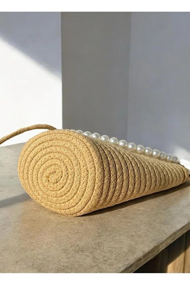 Women Latte Brown Pearl Design Shoulder Bag