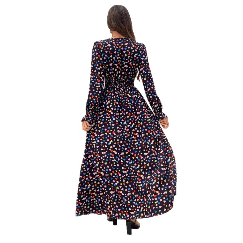 New Floral-print V-neck Long-sleeve Swing Maxi Dress
